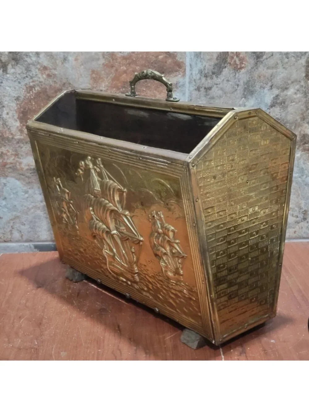 Antique Embossed Brass Fireplace Coal Box Magazine Bin Sailing Ships Vintage